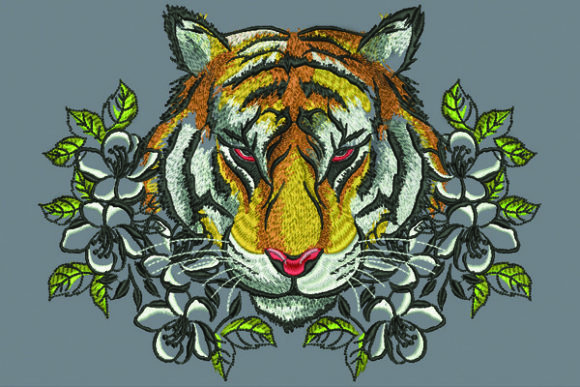 Tiger and Flowers Embroidery Design